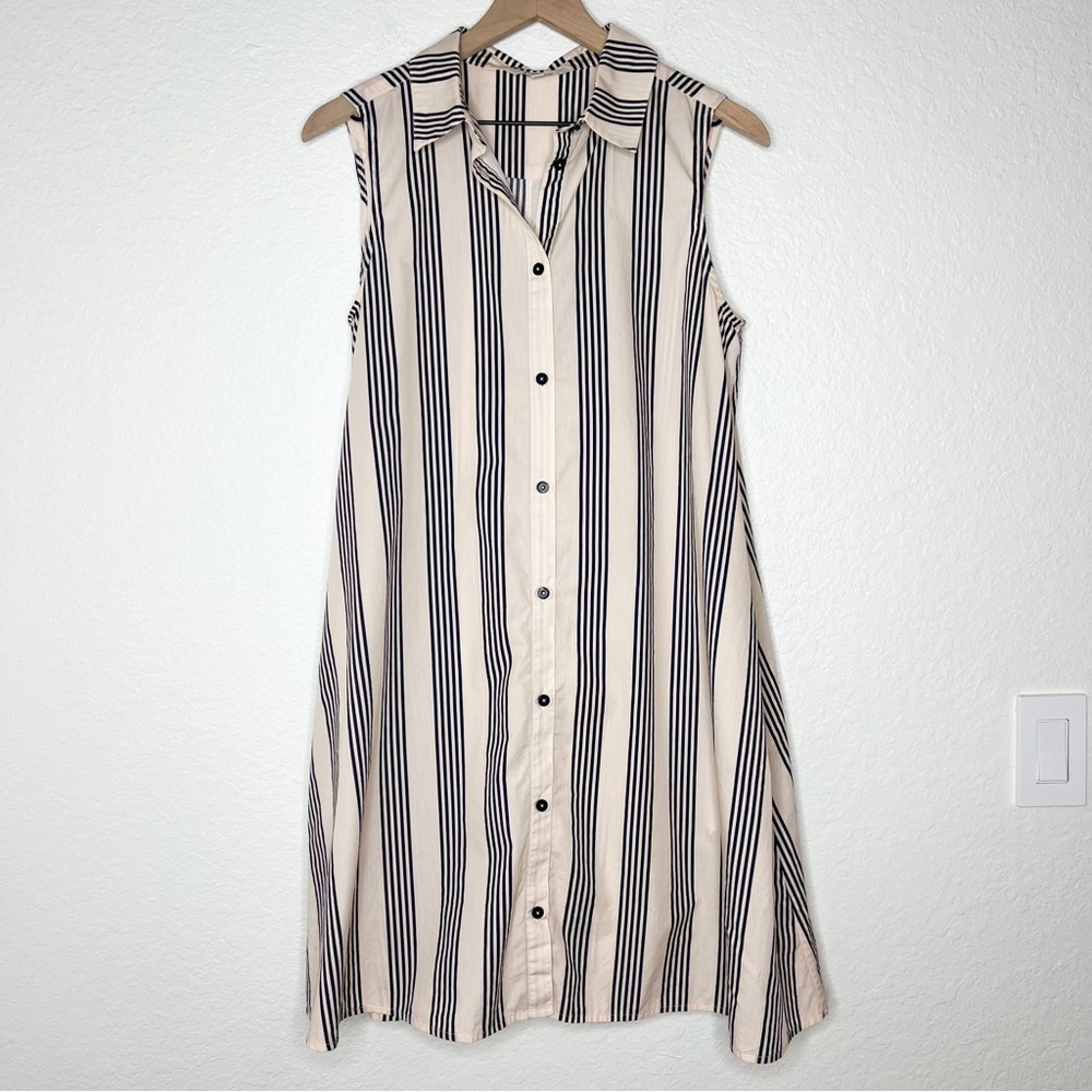 Tucker NYC Shirt Dress Beige Navy Striped Cotton Sleeveless A-Line size Medium